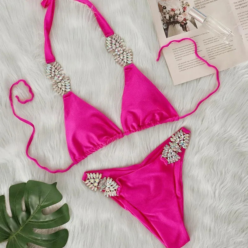 Glänzender Push-Up Bikini mit Strasssteinen – Sexy Zweiteiler für Damen, Strand & Pool